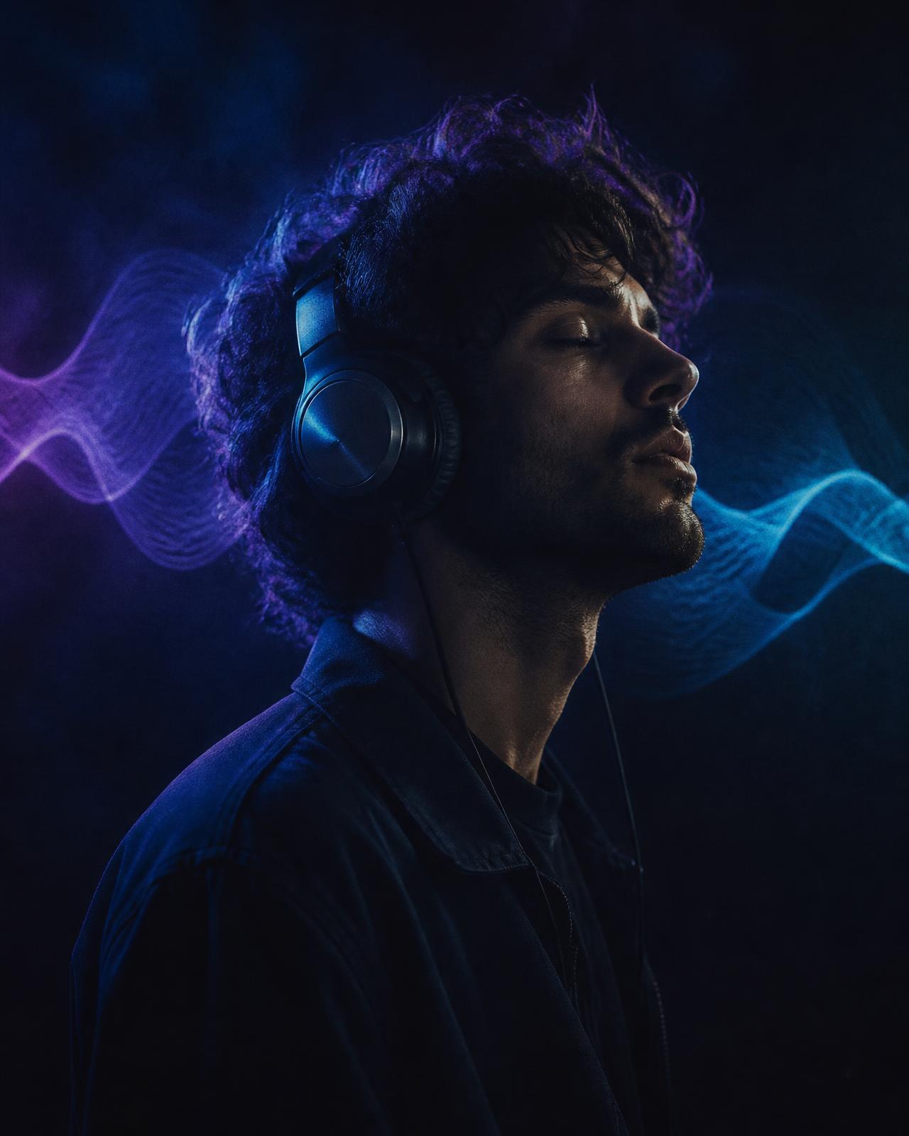 Independent musician listening to a mix on headphones